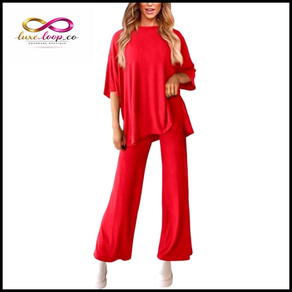 Soft Knit Lounge Set with Wide Leg Pants and Crewneck‎ Top - Picture 3 of 7